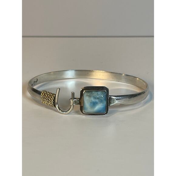 None and/or Unknown Jewelry - 925 Sterling Silver Larimar Bracelet 14K Gold Rope Accent Cuff